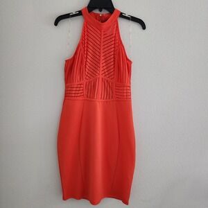 NWT Iris Women's Mini Dress Orange Sleeveless Hi Neck Burn Out Design